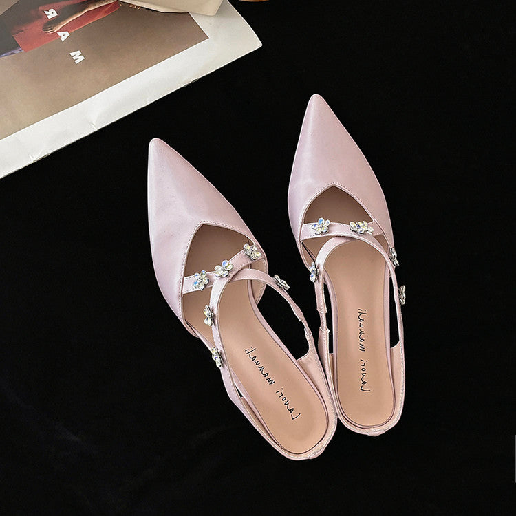Karin Luna Elegant Pointed Toe Rhinestone Flower High Heel Mules