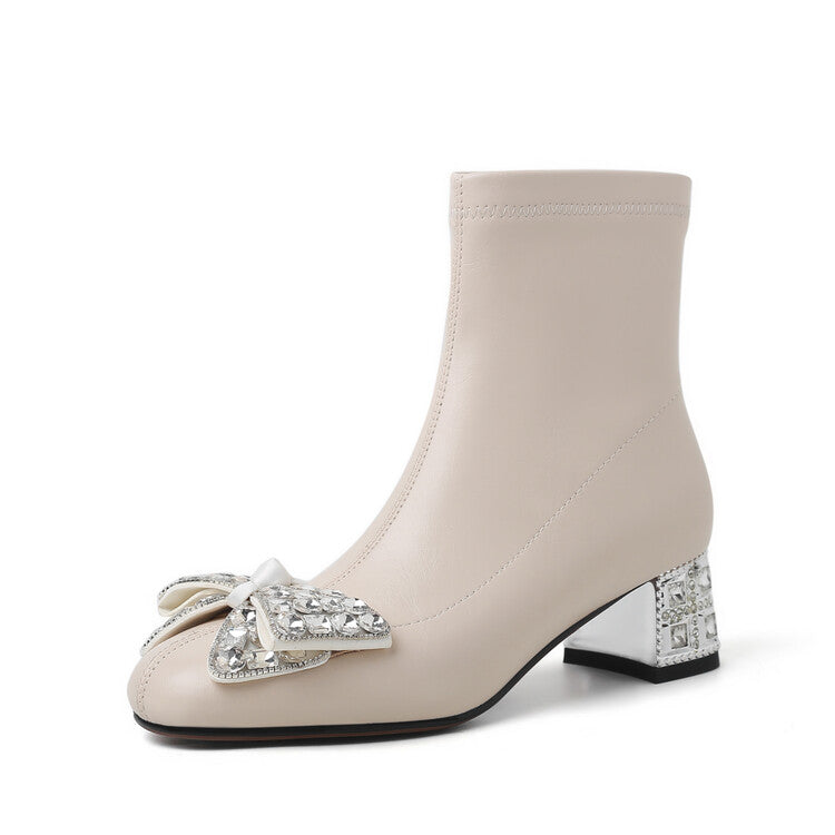 Karin Luna In Stock   Rhinestone Bow Thick Heel Slim Boots