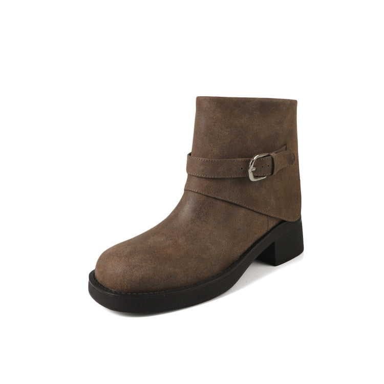 Karin Luna In Stock Spot Goods Versatile Basic Round Toe Belt Buckle Thick Sole Tube Boots