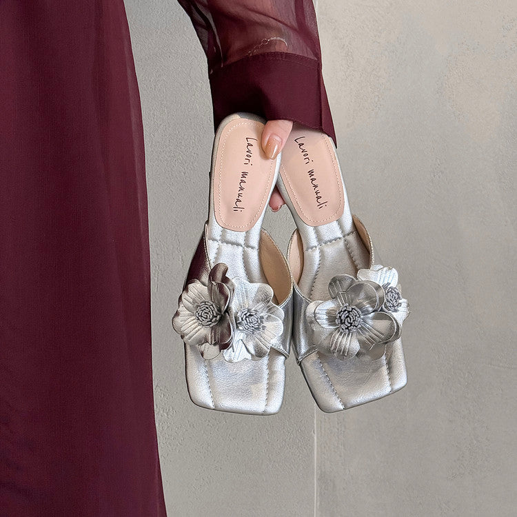 Karin Luna In Stock Spot Goods Camellia Classic style retro square toe shaped heel slippers