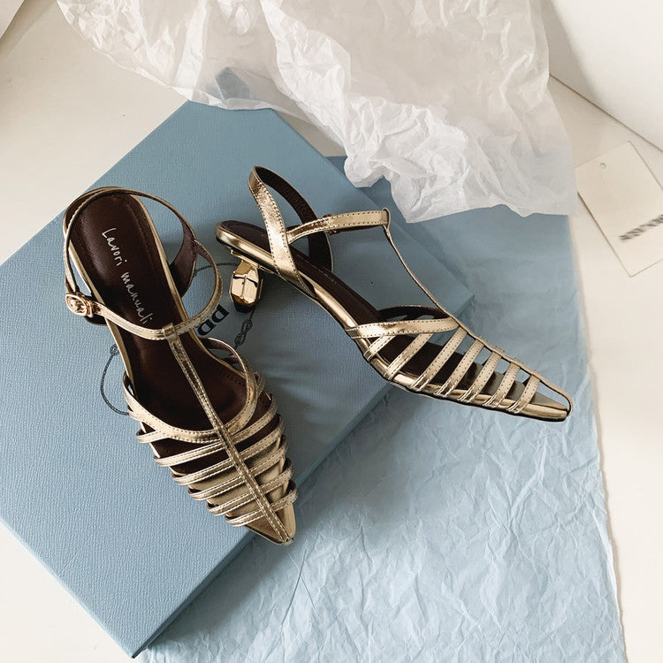 Karin Luna French Hollow Toe Metal Heel Elegant Sandals