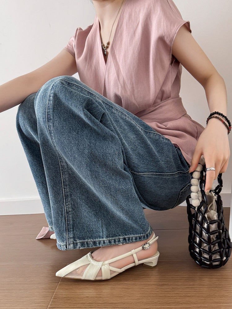 Karin Luna In Stock Spot Goods  Mesh Patchwork Pointed Toe Elegant Closed-Toe Sandals