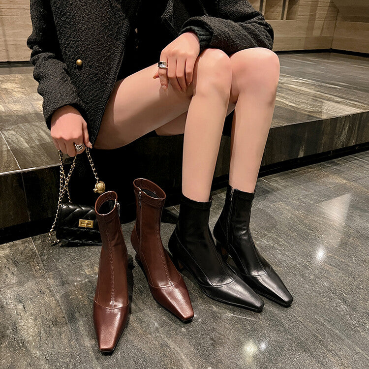 Karin Luna Elegant Small Square Toe Chunky Heel Slim Boots