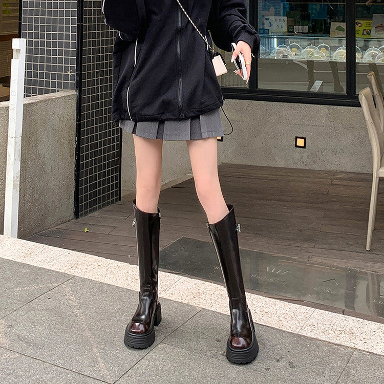 Karin Luna In Stock In Stock  Round Toe Thick Sole Belt Buckle Side Zipper Knight Boots
