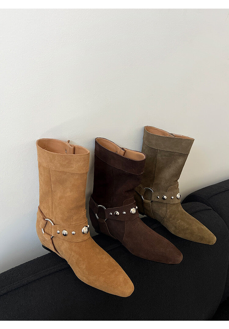 Karin Luna has prepared stock  Hot-Selling Retro Pointed Toe Wedge Metal Buckle High Tube Western Boots