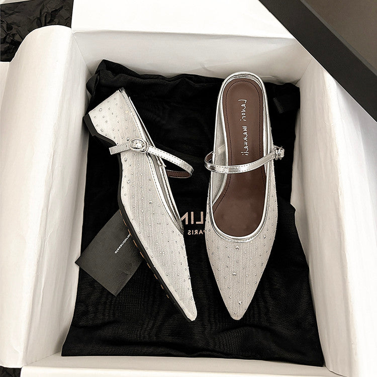 Karin Luna In Stock Spot Goods  Breathable Mesh Fabric Embellished Hand Drill Pointed Toe Slippers