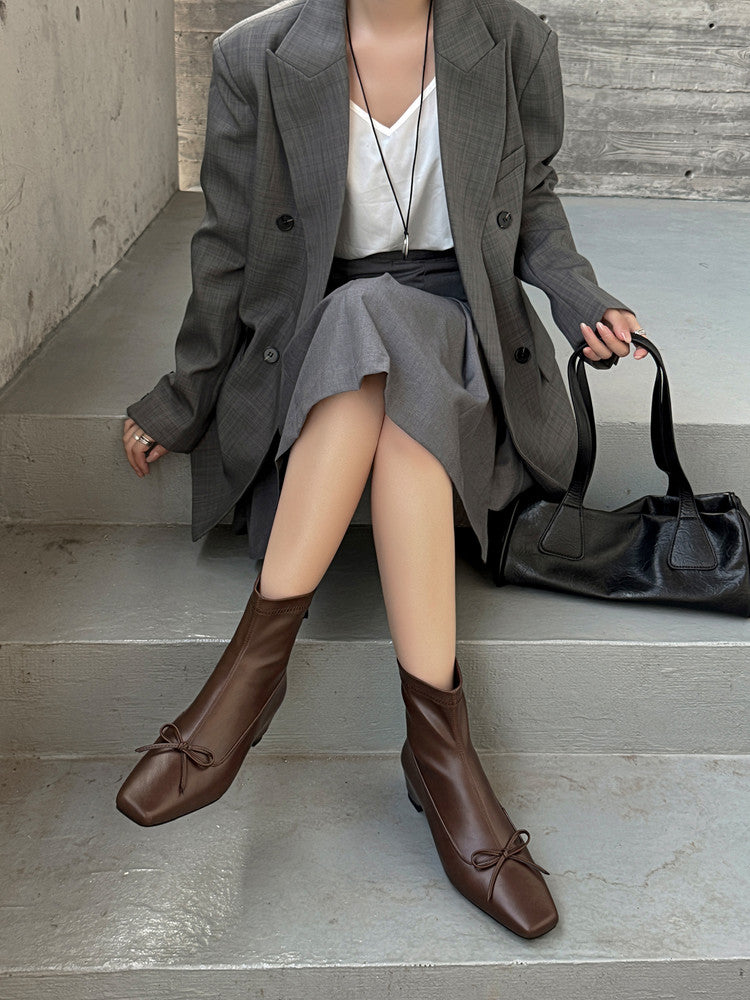 Karin Luna French Style Square Toe Bowknot Hidden Wedge Slim Boots
