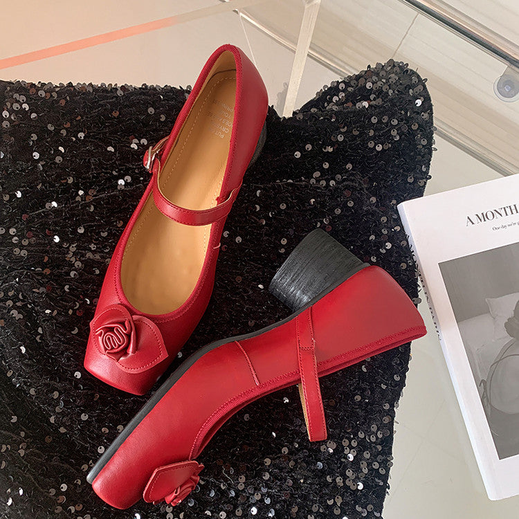 Karin Luna In Stock Spot Goods  Vintage Three-Dimensional Camellia Square-Toed Mary Jane Shoes