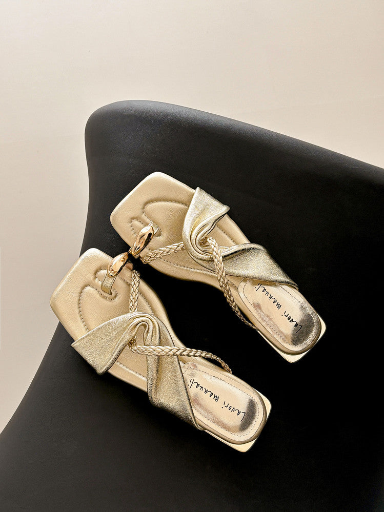Karin Luna  Square Toe Braided Cross Thick Heel Flat Slippers