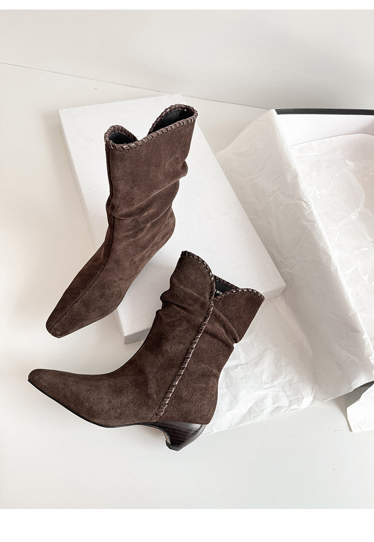 Karin Luna Elegant Style Small Square Toe Pleated Short Boots