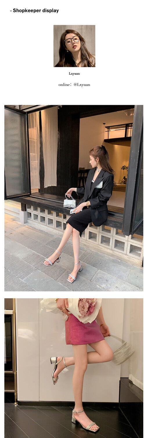 Karin Luna Classic Style   Rhinestone Strap Chunky Heel Open-Toe Sandals