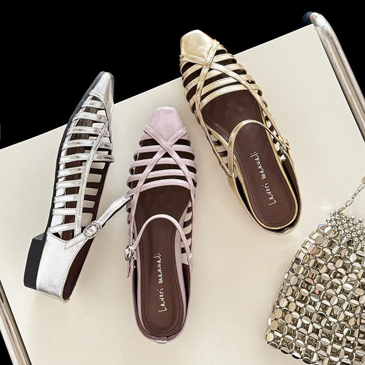 Karin Luna In Stock Spot Goods   French Retro Hollow Small Square Toe One-Strap Slippers