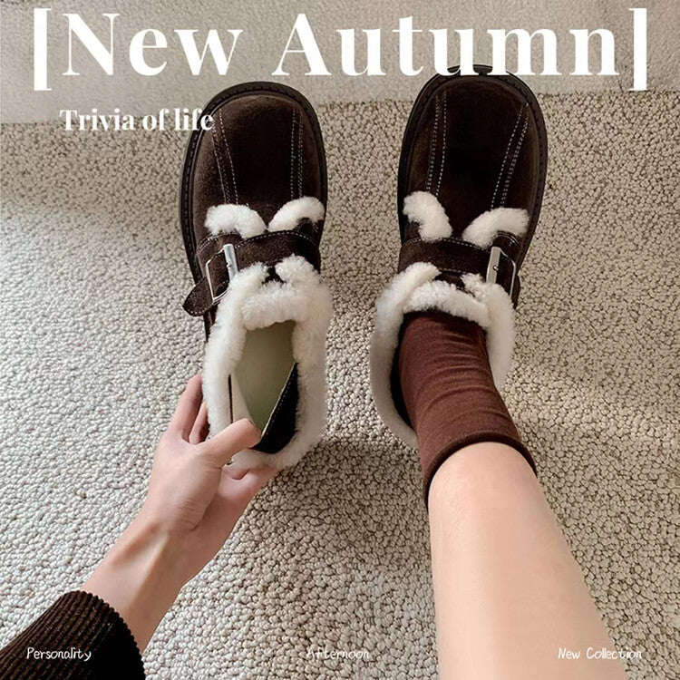 Karin Luna Live Streaming Hot Item  In stock Leather Casual Fleece Lined Version Fluffy Little Leather Shoes Version Vintage Belt Buckle