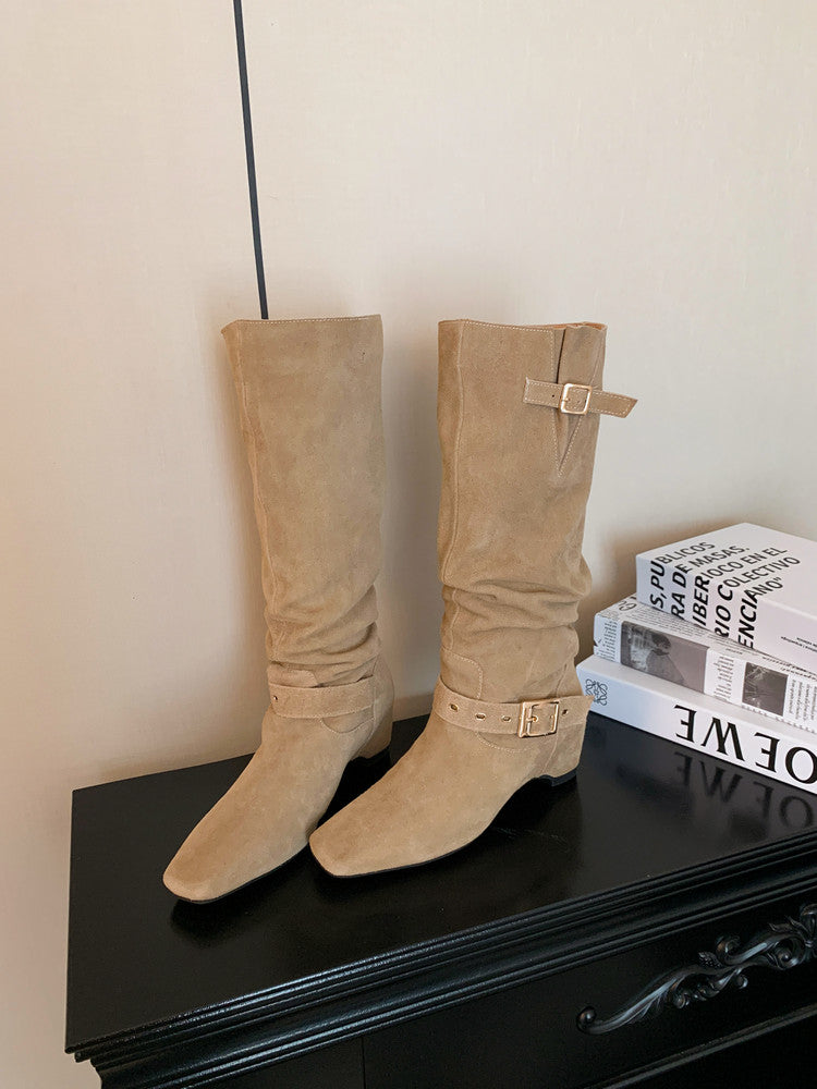 Karin Luna Data Model Belt Buckle Matte Square Toe Hidden Wedge Slouch Western Boots