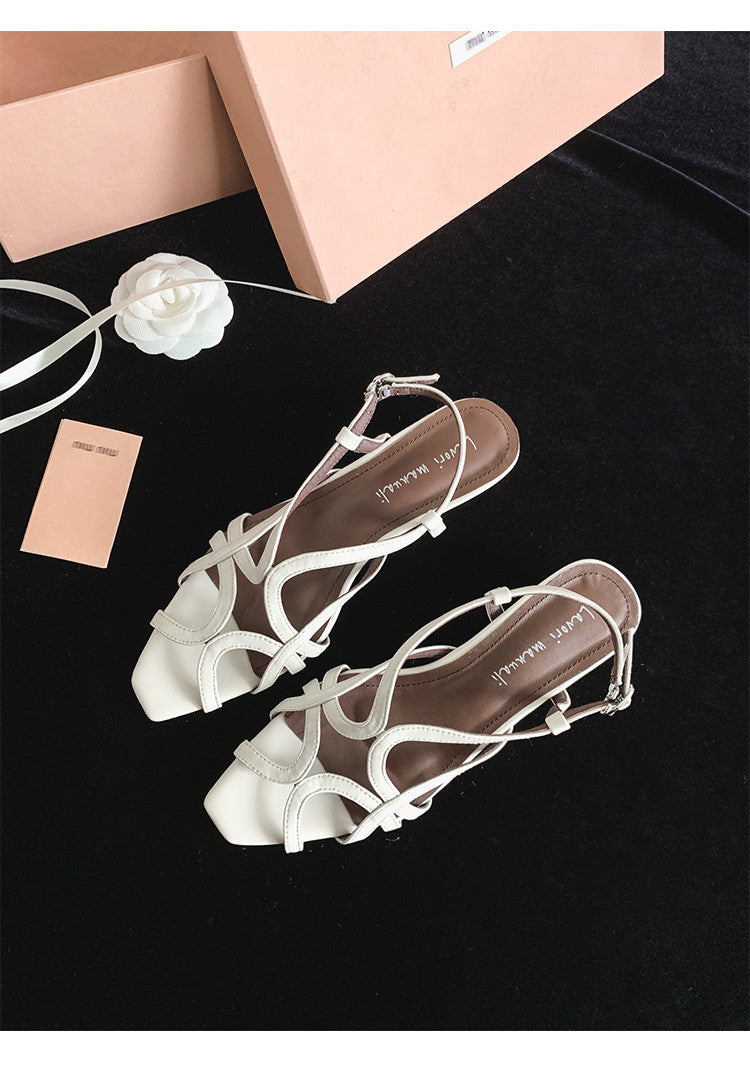 Karin Luna French Hollow Style Small Square Toe Chunky Heel Sandals