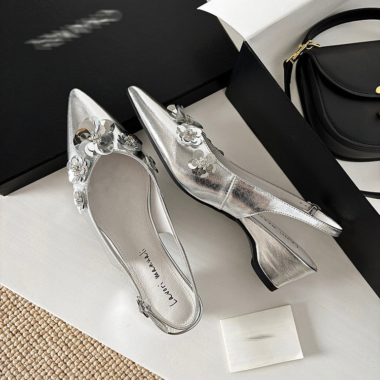 Karin Luna In Stock In Stock  Sequin Floral Pointed Toe Chunky Heel Closed-Toe Sandals