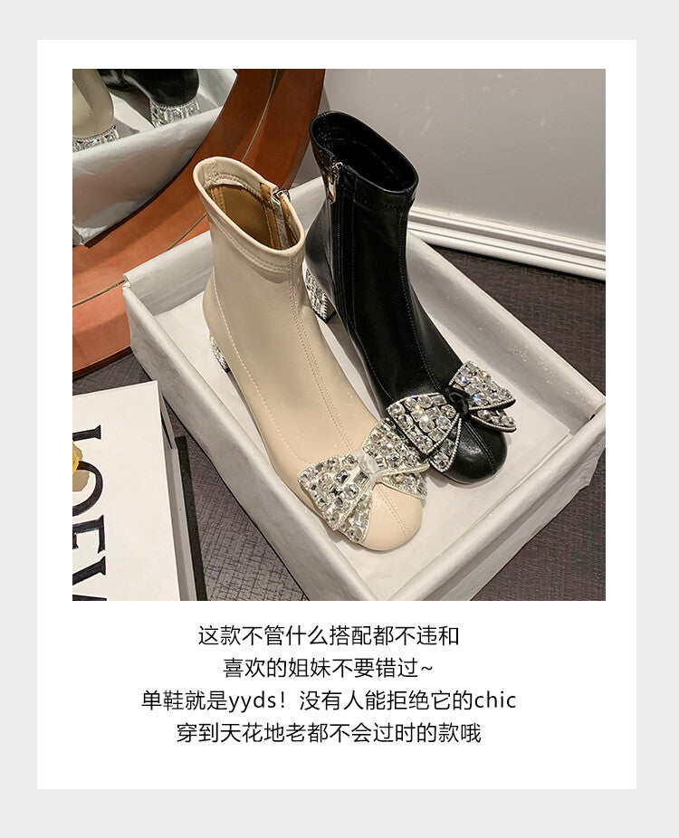 Karin Luna In Stock   Rhinestone Bow Thick Heel Slim Boots