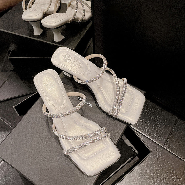 Karin Luna In Stock Spot Goods  Minimalist Versatile Square Toe Rhinestone Strap Open-Toe Sandals