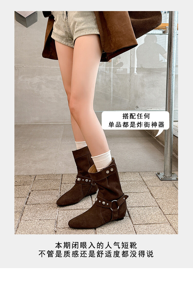 Karin Luna has prepared stock  Hot-Selling Retro Pointed Toe Wedge Metal Buckle High Tube Western Boots