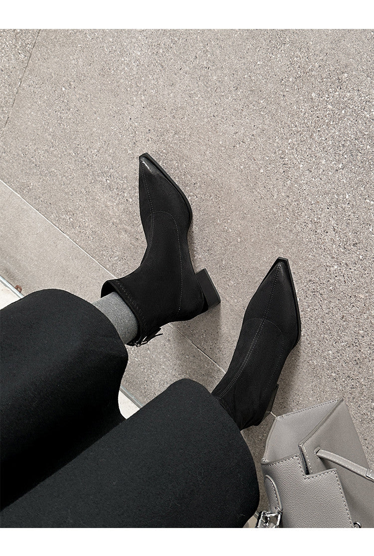 Karin Luna In Stock In Stock Elastic Slim Pointed Toe Chunky Heel Basic Ankle Boots