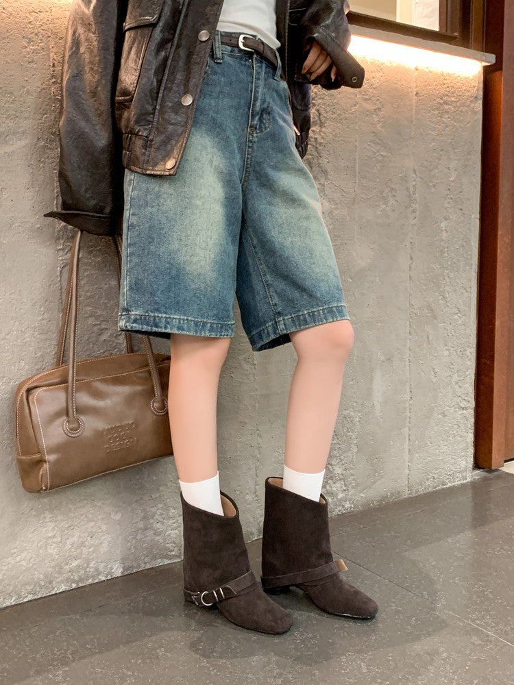 Karin Luna Data Hot Item Square Toe Hidden Wedge Belt Buckle Suede Ankle Boots