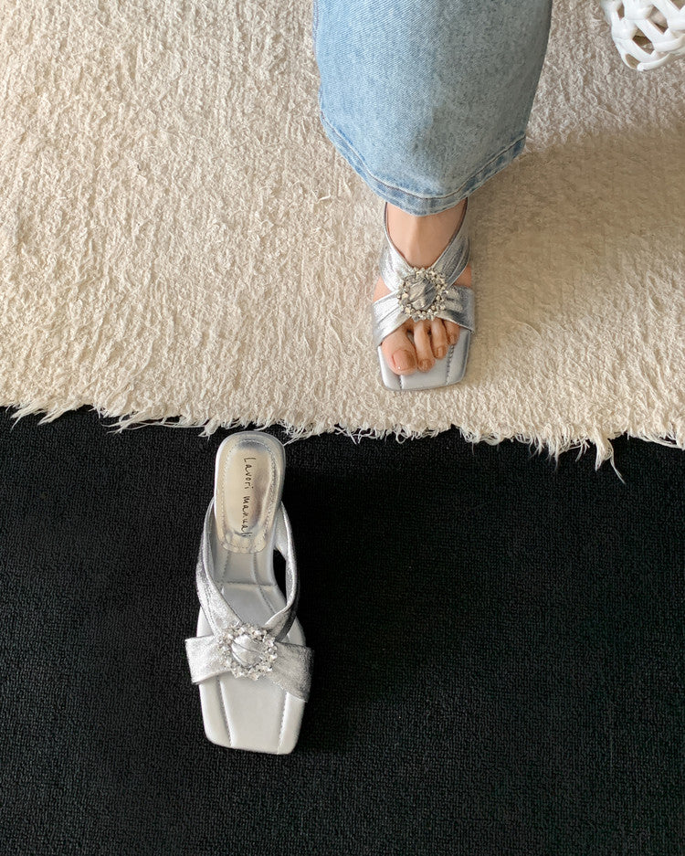 Karin Luna In Stock In Stock Elegant Square-Toe Cross-Strap Rhinestone Square-Toe Slippers