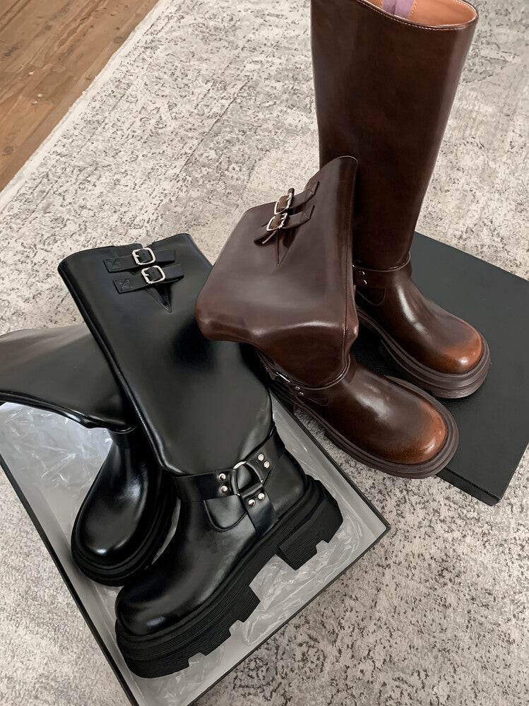 Karin Luna Full Cowhide  miumiu Popular Round Toe Thick Sole Beautiful and height-increasing
