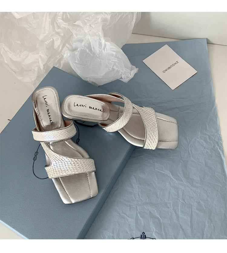 Karin Luna Fish Skin Series~Minimalist Square Toe Popular Irregular Heel Slippers