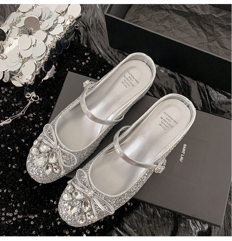 Karin Luna In Stock In Stock  Rhinestone One-Strap Round-Toe Slip-On Height-Increasing Soft Slippers