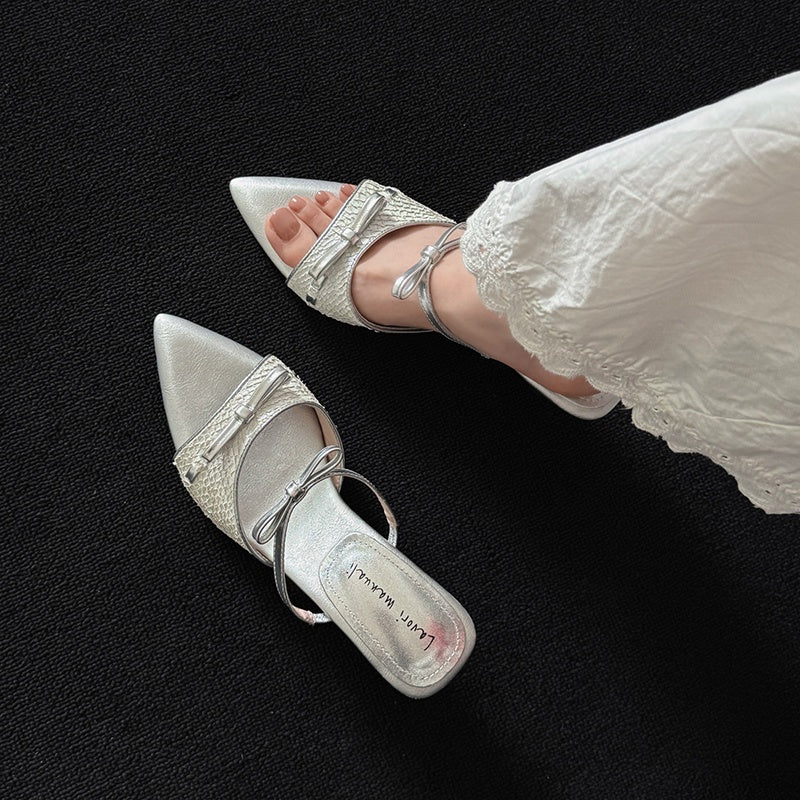 Karin Luna Fish Skin Series~Pointed Toe Irregular Heel Bowknot Strap Slippers