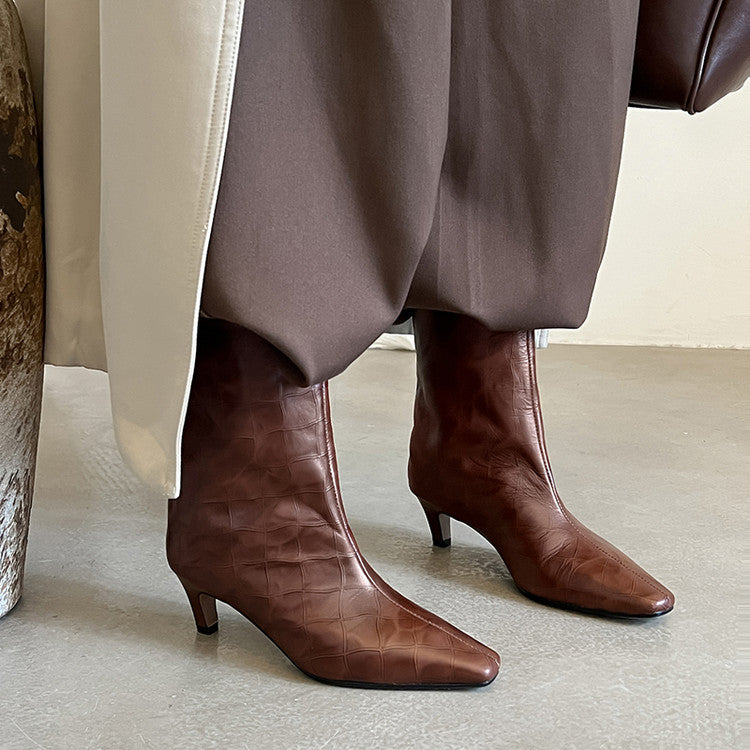 Karin Luna In Stock Spot Goods Top Layer Stone Pattern Cowhide Textured Small Square Toe Straight Short Boots