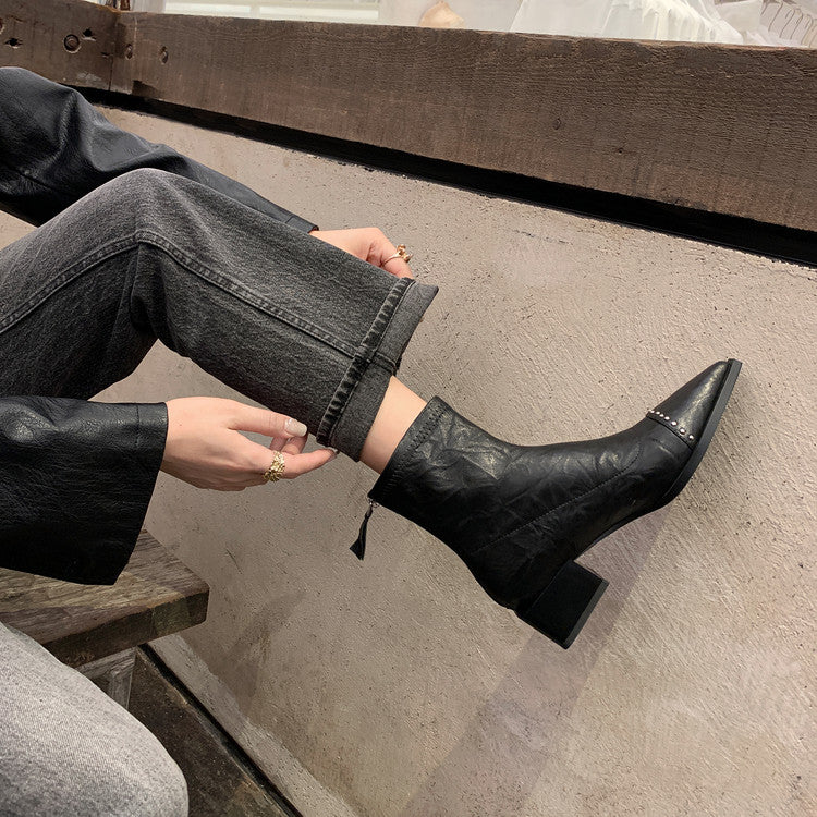 Karin Luna In Stock In Stock Slim Boots Series~Pointed Toe Rivet Slim Short Boots