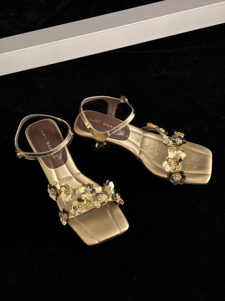 Karin Luna In Stock Spot Goods All the Best Square-Toed Sequin Flower Sandals