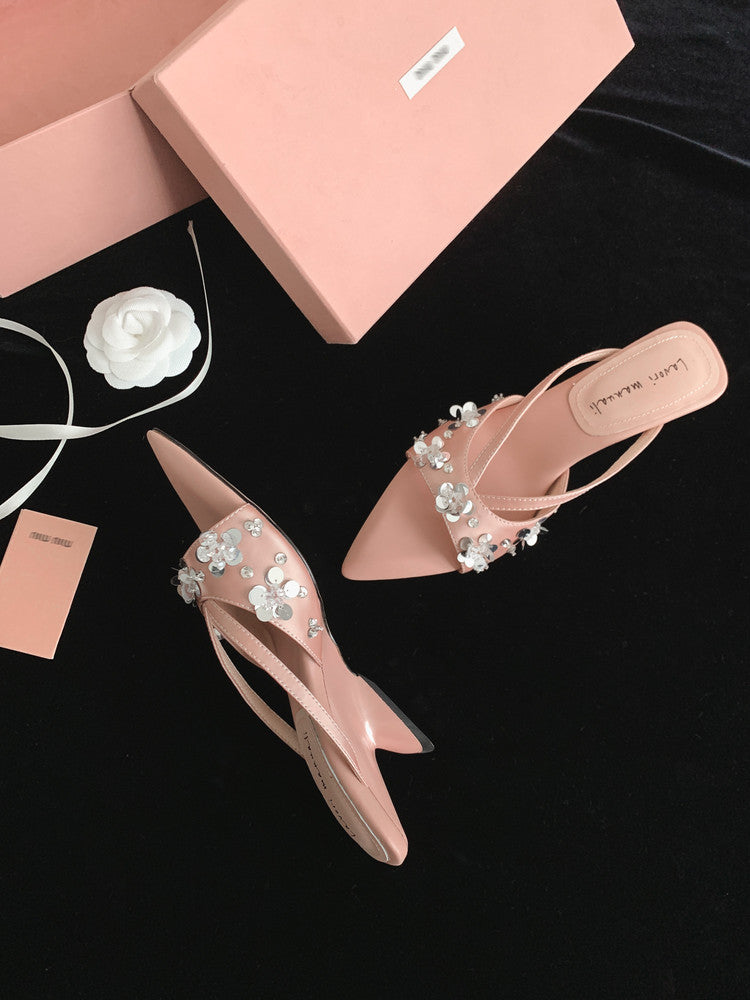 Karin Luna Bestseller Sequin Elements Elegant Pointed Toe Irregular Heel Slippers