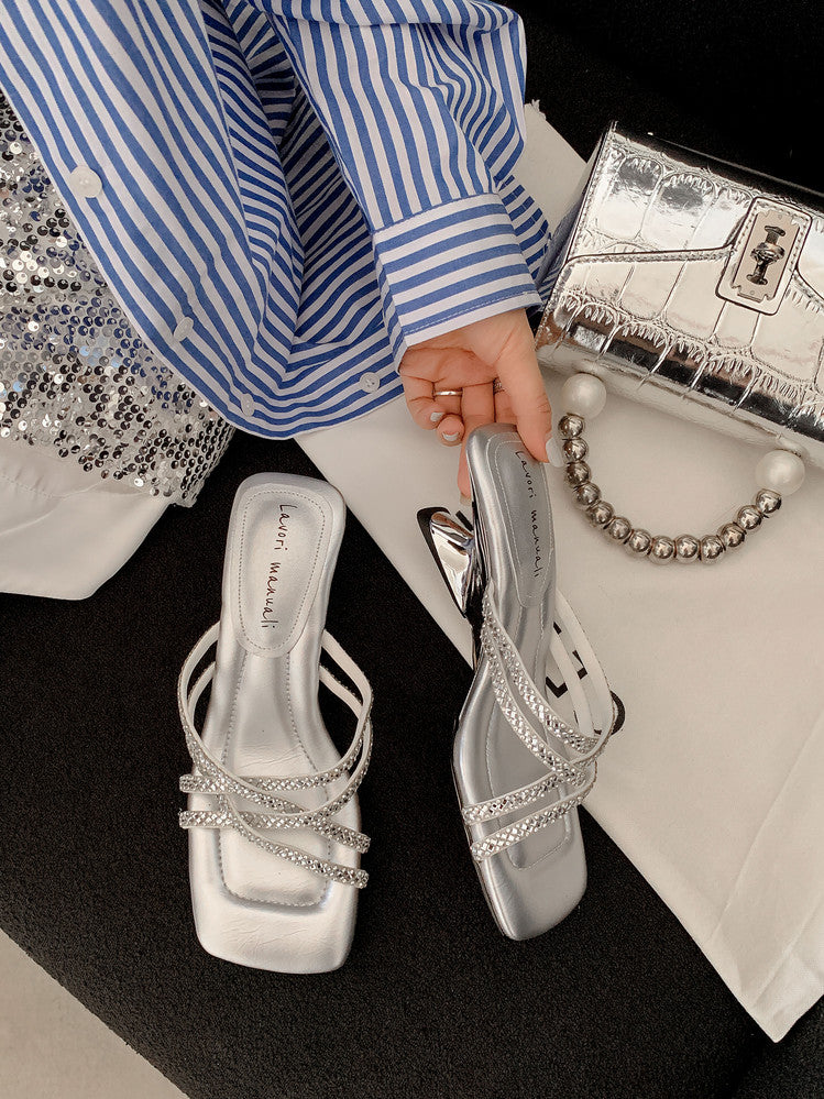 Karin Luna In Stock Spot Goods  Rhinestone Cross Strap Square Toe High Heel Slippers