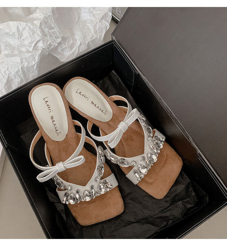 Karin Luna In Stock In Stock  Square Toe Rhinestone Bow Suede Slippers