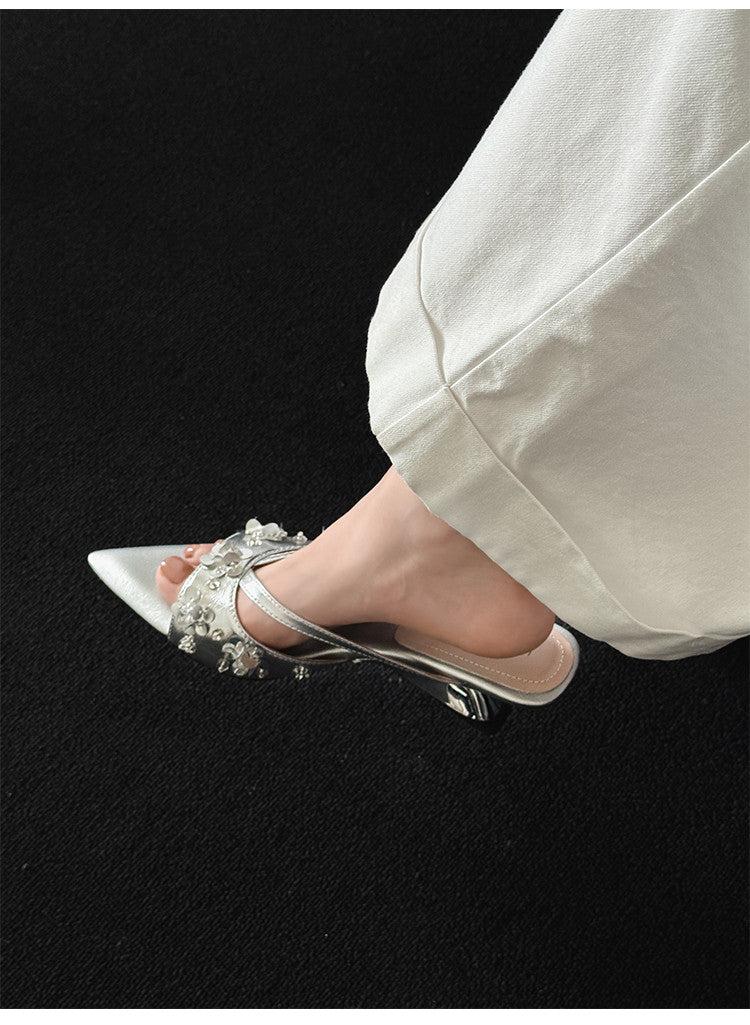 Karin Luna Bestseller Sequin Elements Elegant Pointed Toe Irregular Heel Slippers