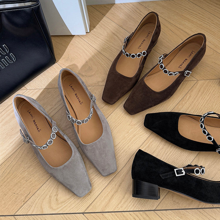 Karin Luna In Stock Spot Goods  Vintage Full Leather Square Toe Rhinestone Strap Shallow Mouth Single Shoes