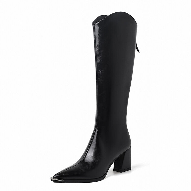 Karin Luna In Stock Spot Goods Elegant Pointed Toe Chunky Heel v Metal Toe Full Cowhide Long Boots