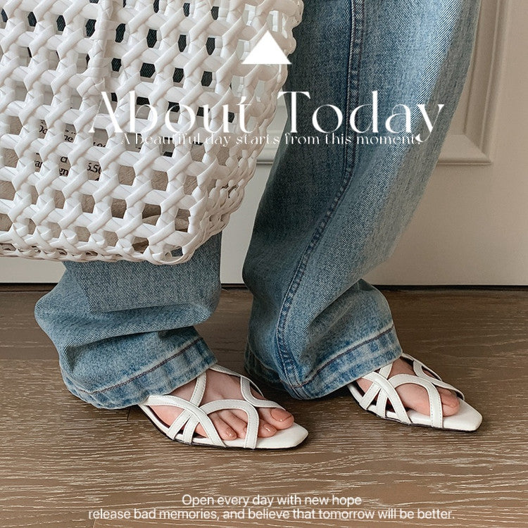 Karin Luna French Hollow Style Small Square Toe Chunky Heel Sandals