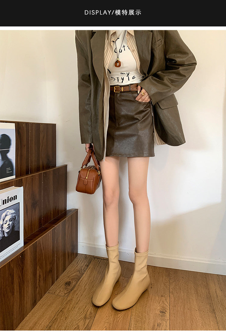 Karin Luna In Stock Spot Goods Round Toe Basic Stretch Slim Short Boots
