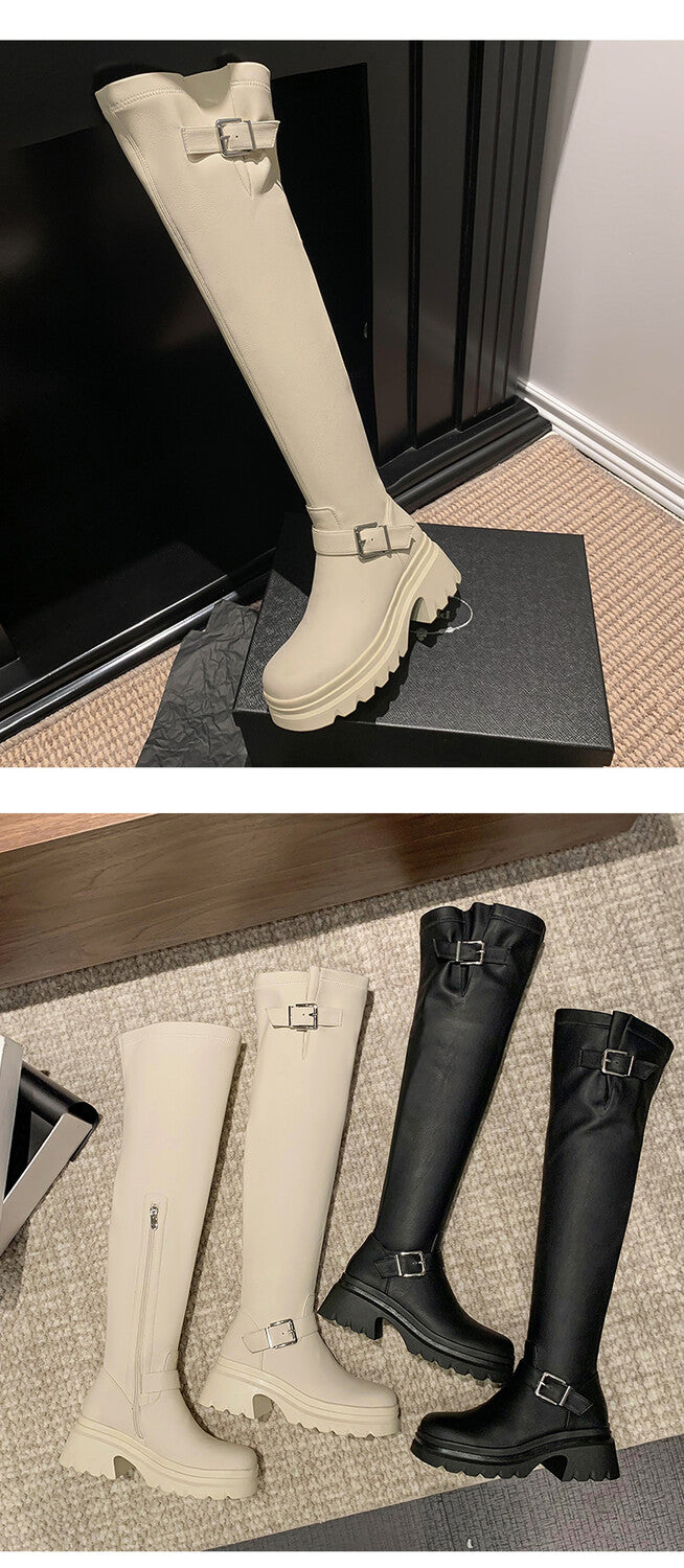 Karin Luna In Stock   Thick Sole Round Toe Basic Versatile Casual Long Boots