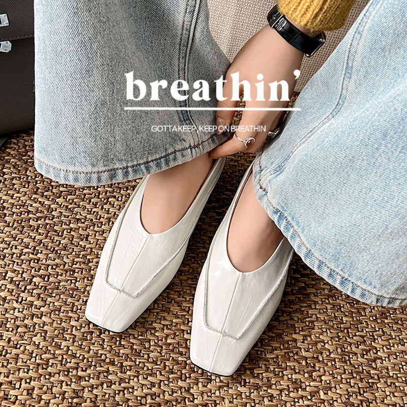 Karin Luna In Stock Spot Goods  Retro Full Leather Square Toe Shallow Mouth Single Shoes
