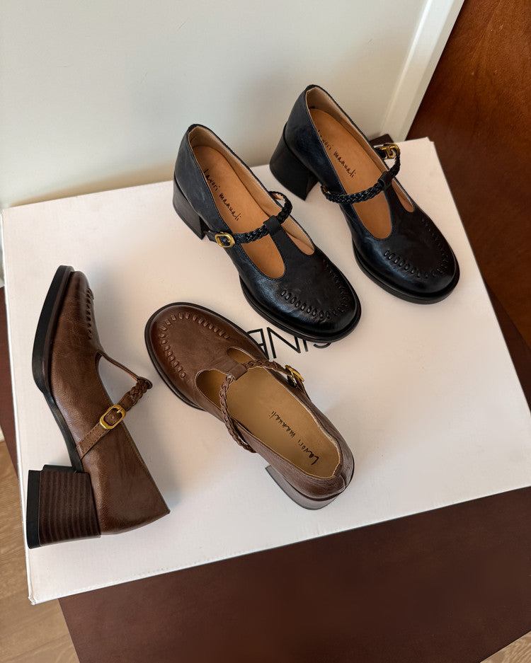 Karin Luna In Stock Spot Goods Vintage Braided Twist High Heels T Round Toe Thick Sole Single Shoes