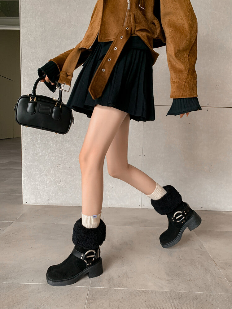 Karin Luna Genuine Lamb Wool and Cowhide Leather Hot-selling Metal Buckle Round Toe Chunky Heel Main Push Main Push