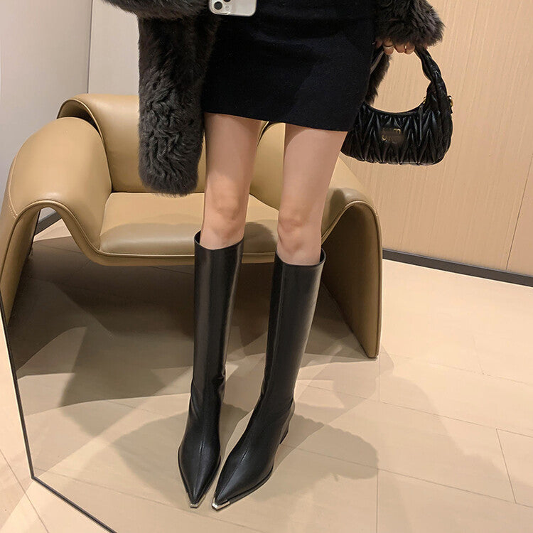 Karin Luna In Stock  In Stock Elegant Metal Pointed Toe Chunky Heel Full Cowhide Leather Riding Boots