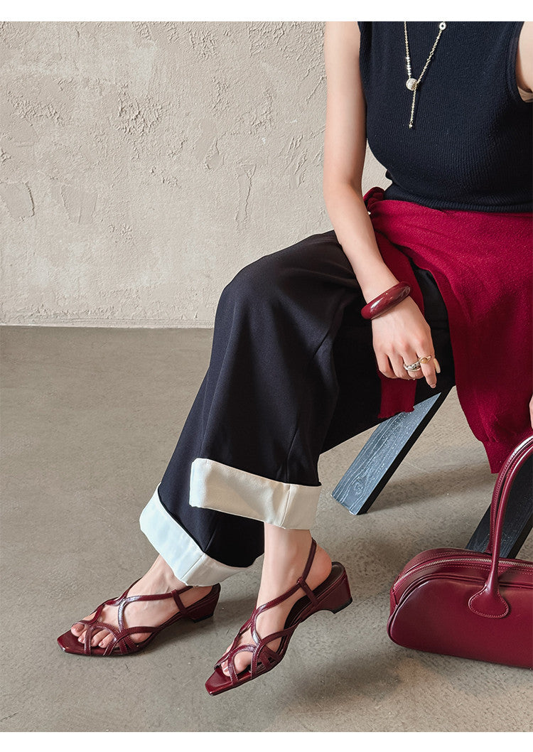 Karin Luna French Hollow Style Small Square Toe Chunky Heel Sandals