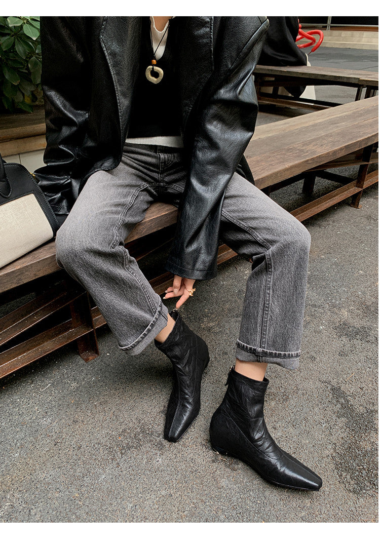 Karin Luna In Stock Spot Goods Slim Series  Hidden Wedge Small Square Toe Back Zipper Short Boots