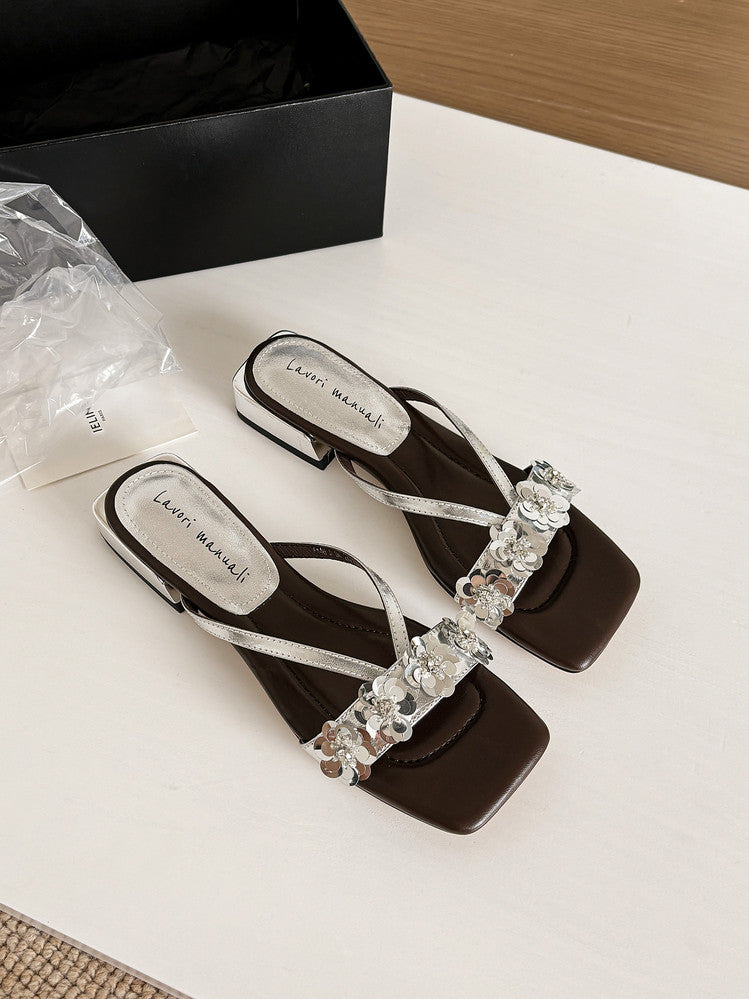 Karin Luna In Stock Spot Goods  One-Strap Sequin Floral Square-Toe Flat Slippers