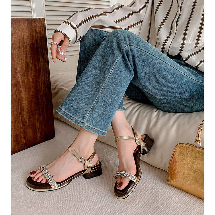 Karin Luna In Stock In Stock  Rhinestone Strap Round Toe Chunky Heel Sandals